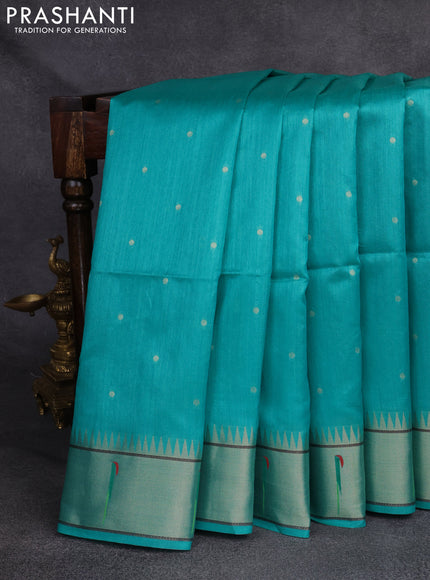 Semi Paithani Saree teal green with zari woven buttas and peacock design paithani pallu