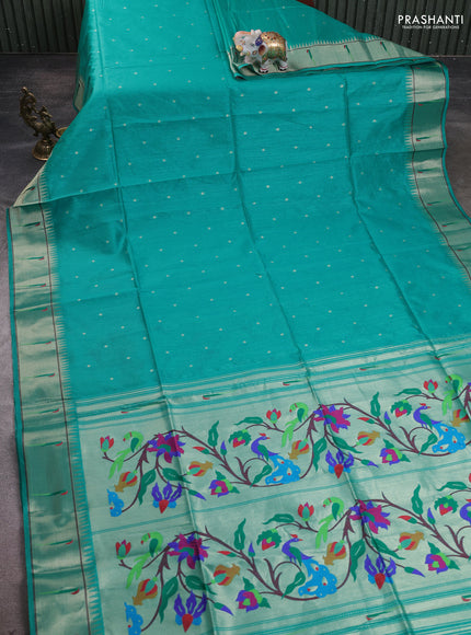 Semi Paithani Saree teal green with zari woven buttas and peacock design paithani pallu