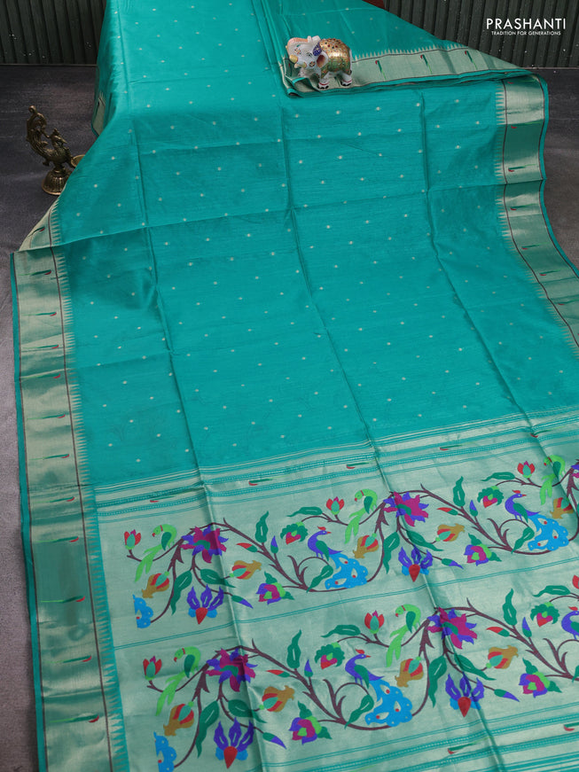Semi Paithani Saree teal green with zari woven buttas and peacock design paithani pallu