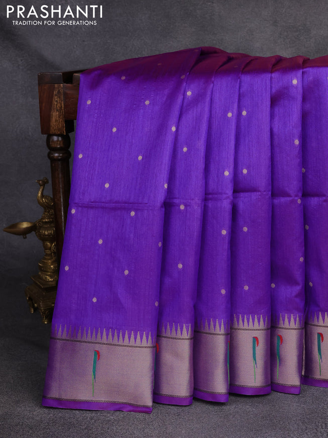 Semi Paithani Saree violet with zari woven buttas and peacock design paithani pallu