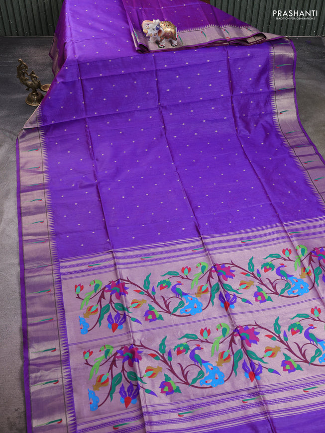 Semi Paithani Saree violet with zari woven buttas and peacock design paithani pallu