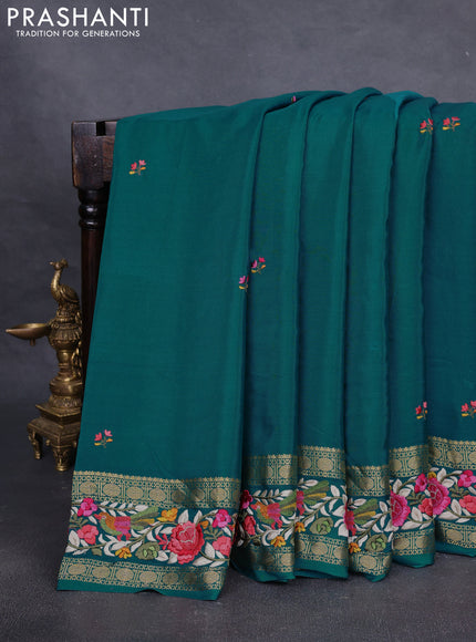 Pure mysore silk saree teal green with embroided buttas and embroidered border