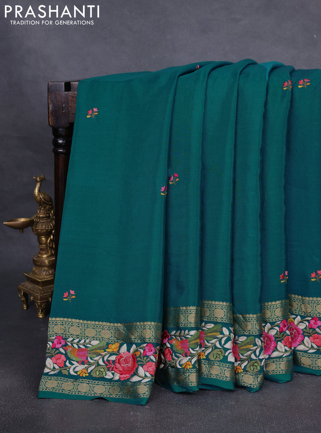 Pure mysore silk saree teal green with embroided buttas and embroidered border