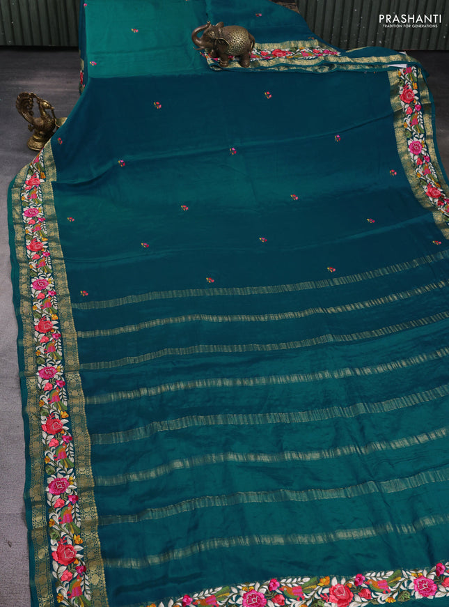 Pure mysore silk saree teal green with embroided buttas and embroidered border