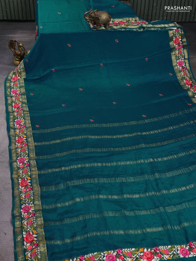 Pure mysore silk saree teal green with embroided buttas and embroidered border