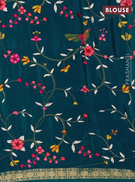 Pure mysore silk saree teal green with embroided buttas and embroidered border