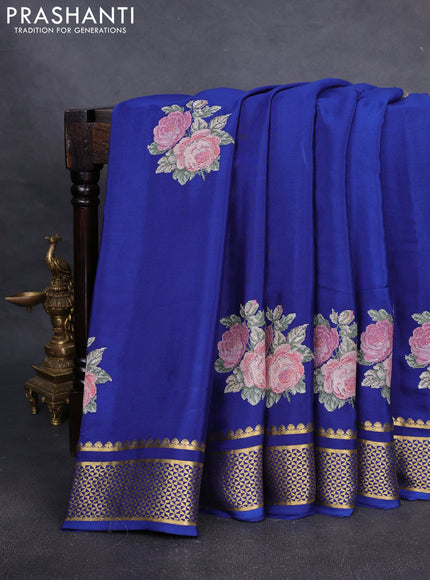 Pure mysore silk saree blue with embroided buttas and zari woven border