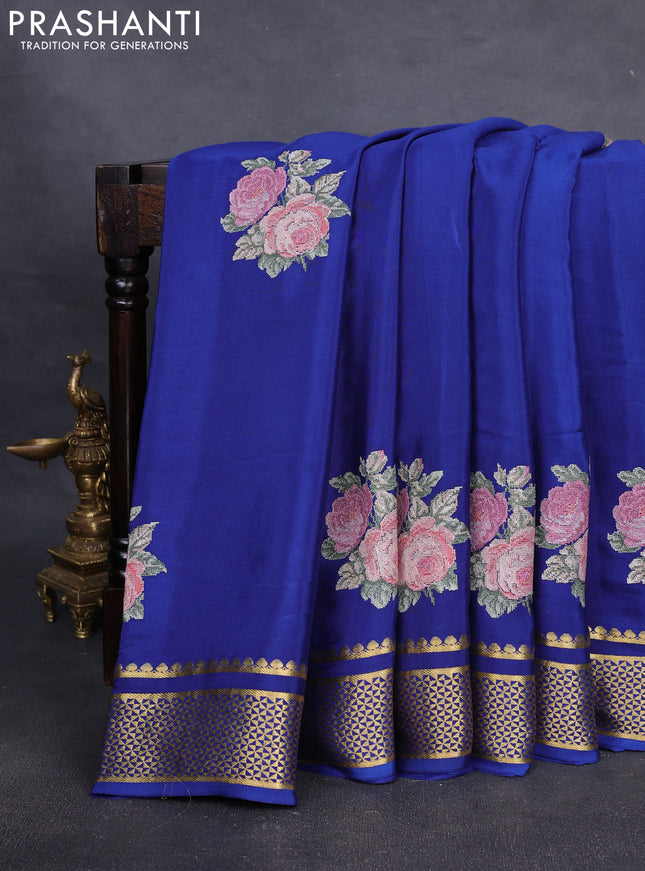 Pure mysore silk saree blue with embroided buttas and zari woven border