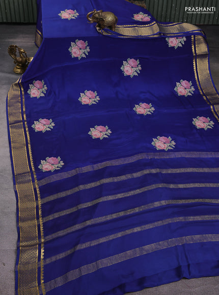 Pure mysore silk saree blue with embroided buttas and zari woven border