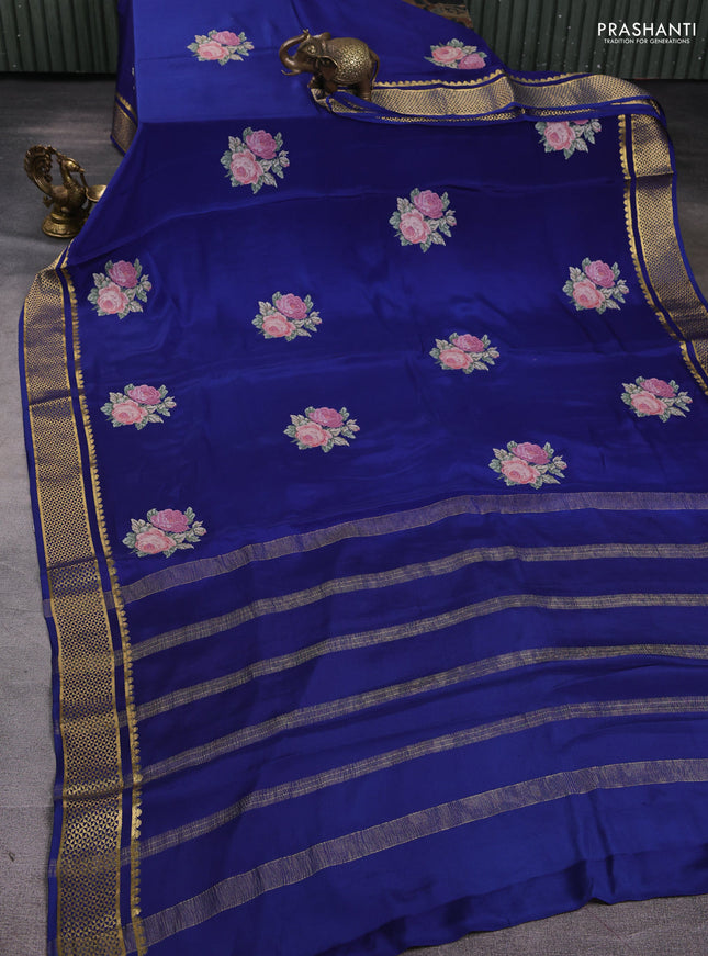Pure mysore silk saree blue with embroided buttas and zari woven border
