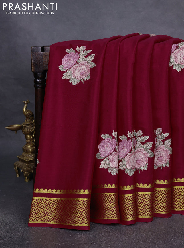 Pure mysore silk saree maroon with embroided buttas and zari woven border