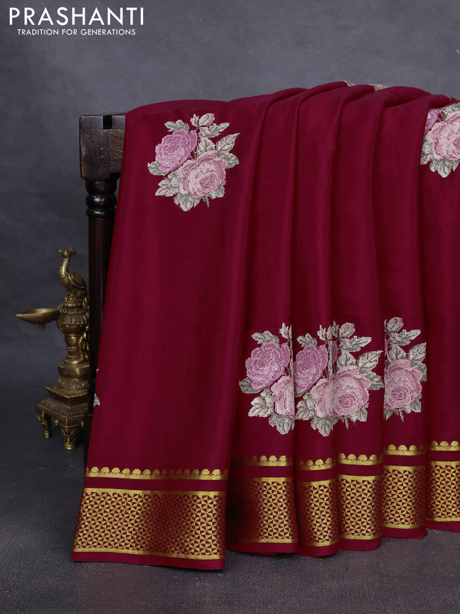 Pure mysore silk saree maroon with embroided buttas and zari woven border