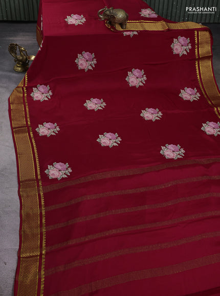 Pure mysore silk saree maroon with embroided buttas and zari woven border