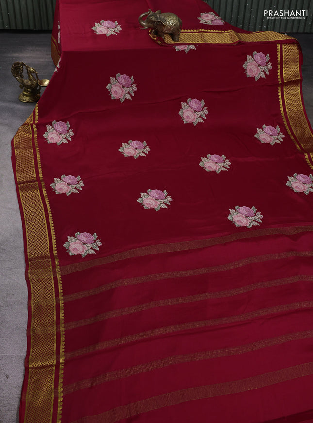 Pure mysore silk saree maroon with embroided buttas and zari woven border