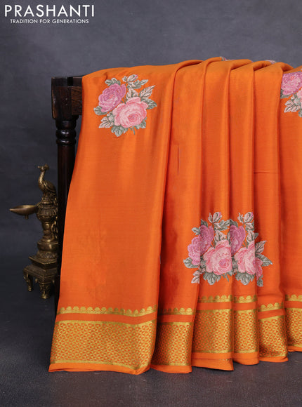 Pure mysore silk saree orange with embroided buttas and zari woven border