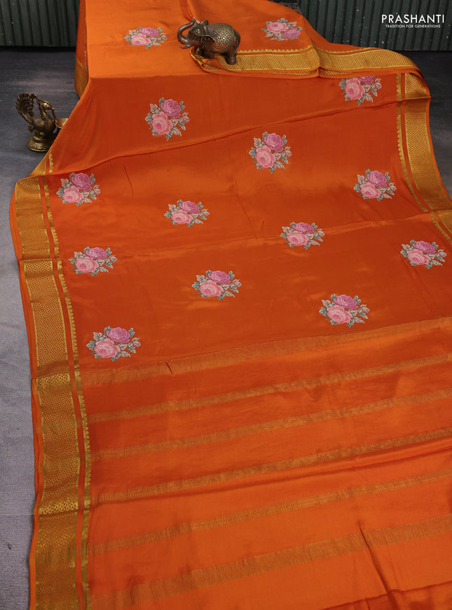 Pure mysore silk saree orange with embroided buttas and zari woven border