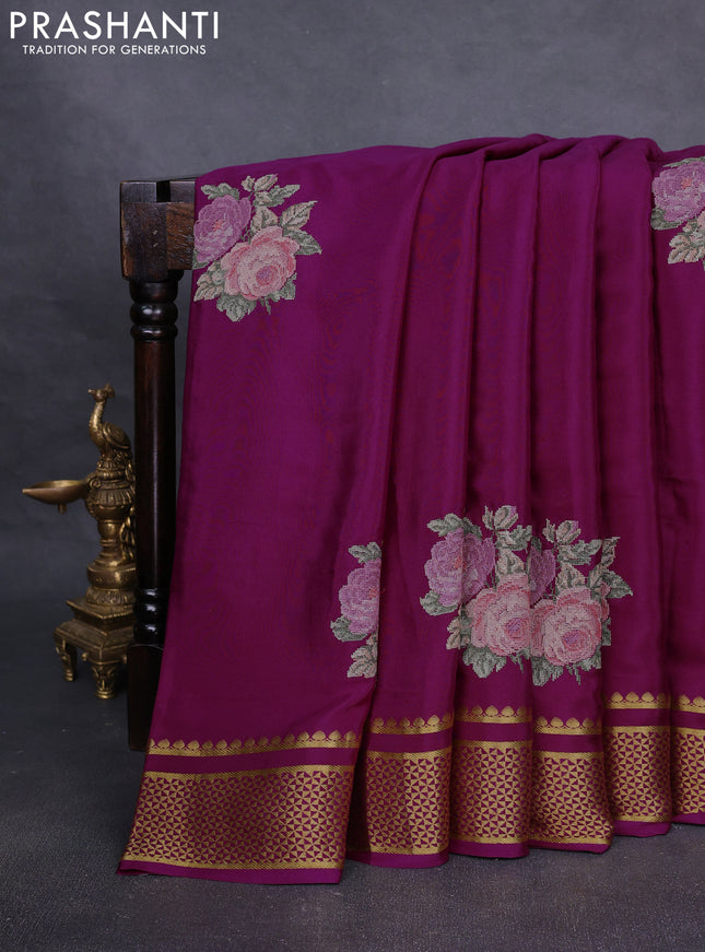 Pure mysore silk saree purple with embroided buttas and zari woven border