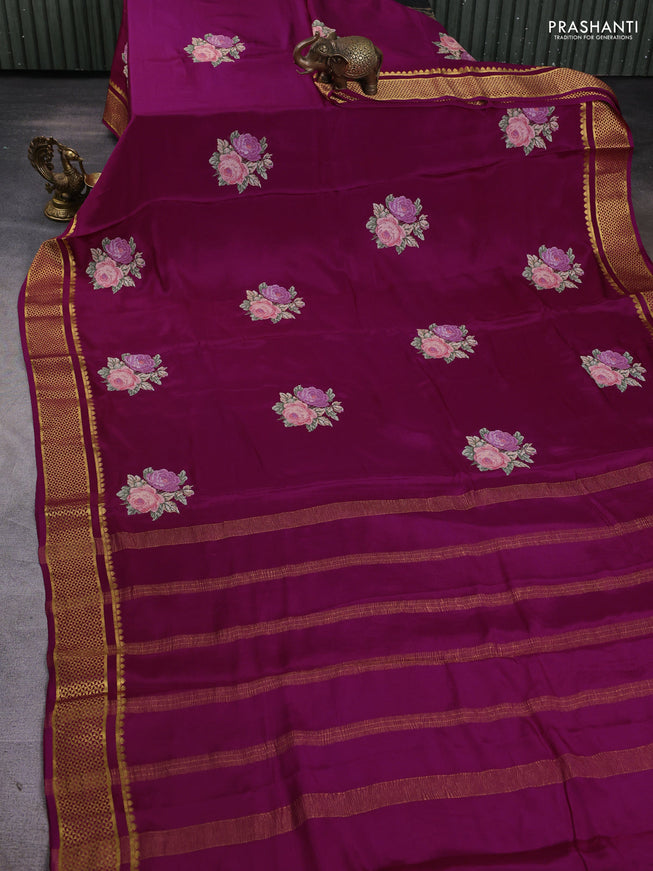 Pure mysore silk saree purple with embroided buttas and zari woven border