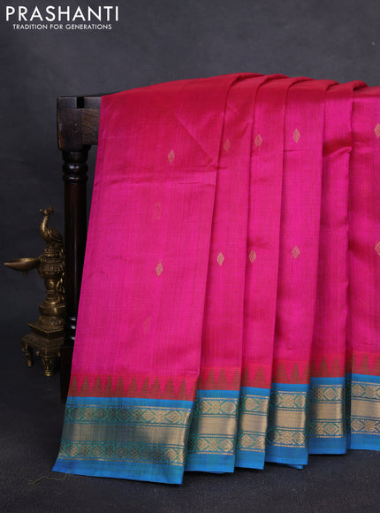 Silk cotton saree pink and cs blue with zari woven buttas and temple design zari woven border