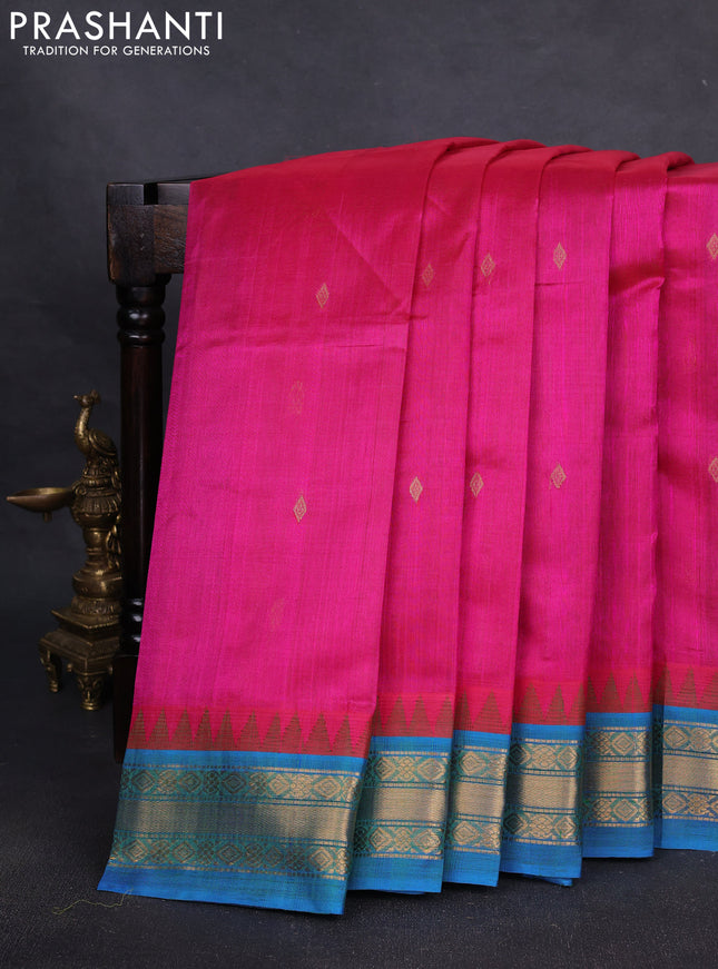 Silk cotton saree pink and cs blue with zari woven buttas and temple design zari woven border