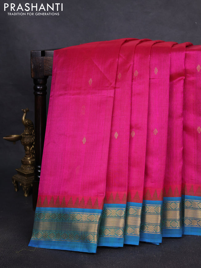 Silk cotton saree pink and cs blue with zari woven buttas and temple design zari woven border