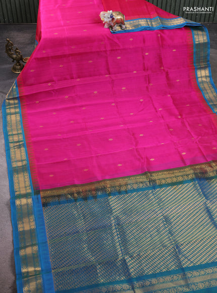 Silk cotton saree pink and cs blue with zari woven buttas and temple design zari woven border