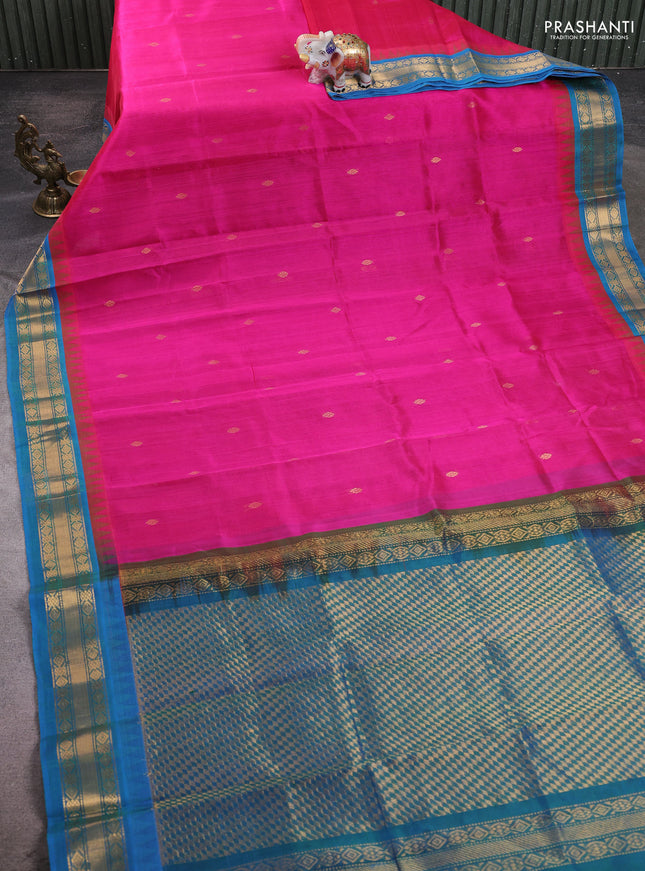 Silk cotton saree pink and cs blue with zari woven buttas and temple design zari woven border