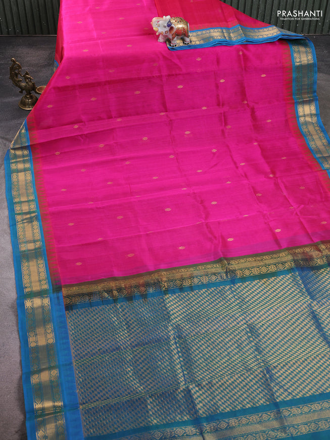 Silk cotton saree pink and cs blue with zari woven buttas and temple design zari woven border
