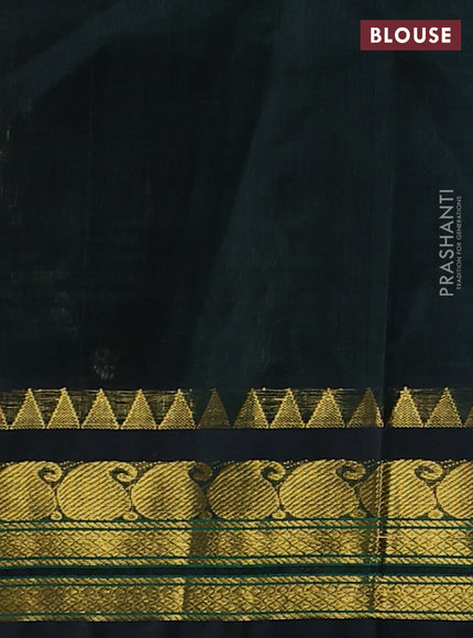 Silk cotton saree off white and dark bottle green with allover zari checked pattern & buttas and zari woven korvai border