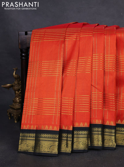 Silk cotton saree orange and black with allover zari checked pattern & buttas and zari woven korvai border