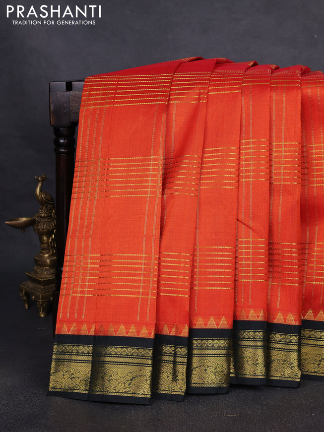 Silk cotton saree orange and black with allover zari checked pattern & buttas and zari woven korvai border