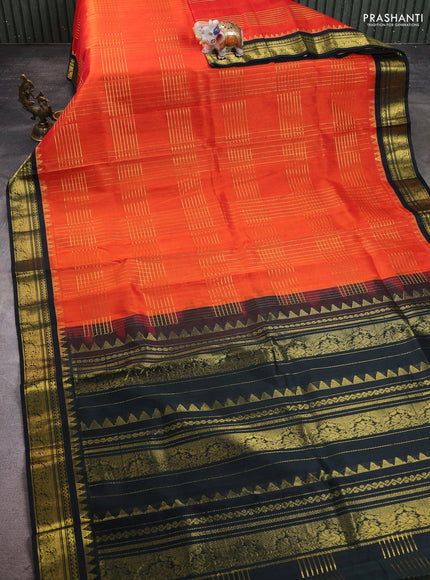 Silk cotton saree orange and black with allover zari checked pattern & buttas and zari woven korvai border