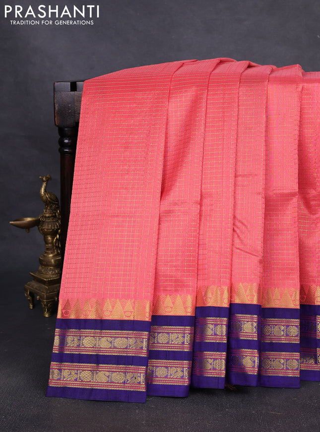 Silk cotton saree peach shade and blue with allover zari checked pattern & buttas and zari woven korvai border