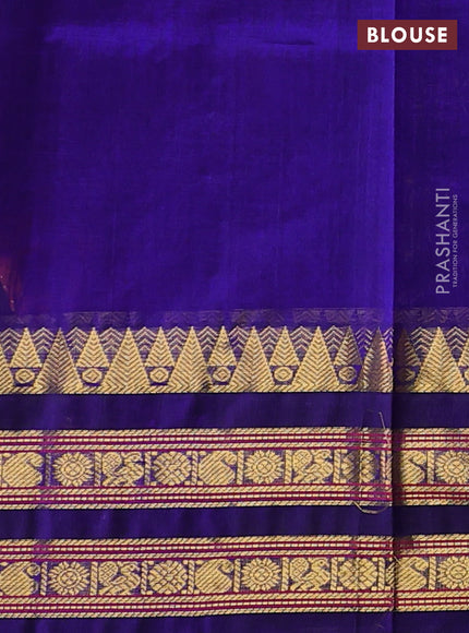 Silk cotton saree peach shade and blue with allover zari checked pattern & buttas and zari woven korvai border