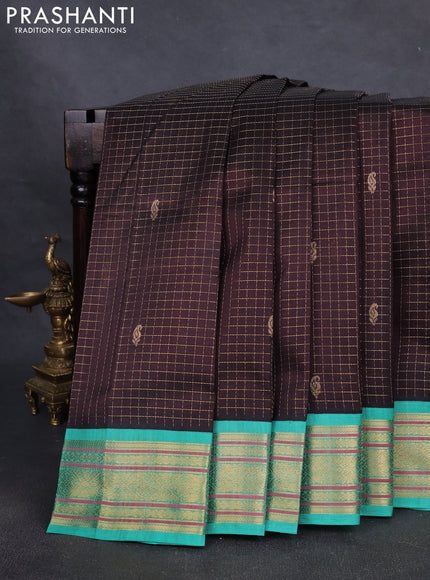 Silk cotton saree coffee brown and teal green with allover zari checked pattern & buttas and zari woven korvai border
