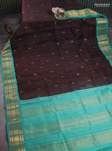 Silk cotton saree coffee brown and teal green with allover zari checked pattern & buttas and zari woven korvai border