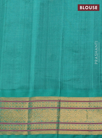 Silk cotton saree coffee brown and teal green with allover zari checked pattern & buttas and zari woven korvai border