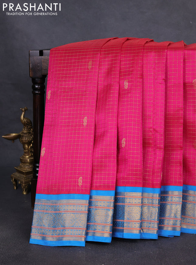 Silk cotton saree pink and cs blue with allover zari checked pattern & buttas and zari woven korvai border