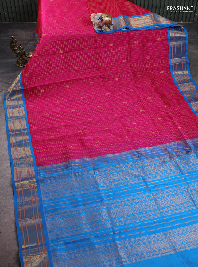 Silk cotton saree pink and cs blue with allover zari checked pattern & buttas and zari woven korvai border