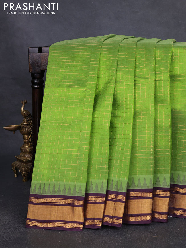 Silk cotton saree light green and deep wine with allover zari checked pattern and temple design zari woven border