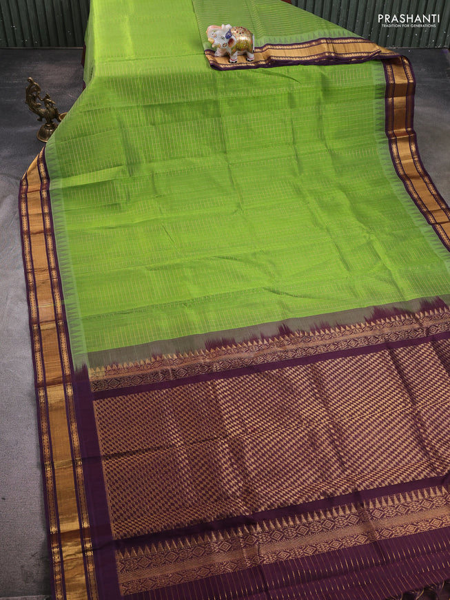 Silk cotton saree light green and deep wine with allover zari checked pattern and temple design zari woven border