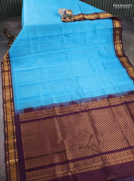 Silk cotton saree cs blue and deep wine with allover zari checked pattern and temple design zari woven border
