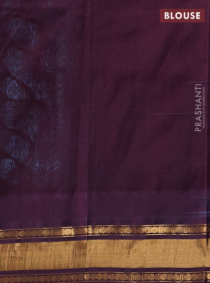 Silk cotton saree cs blue and deep wine with allover zari checked pattern and temple design zari woven border