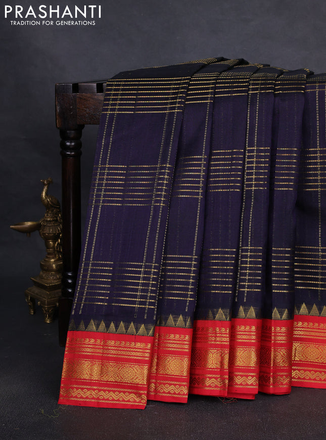 Silk cotton saree blue and red with allover zari checked pattern and temple design zari woven border