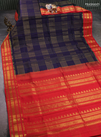 Silk cotton saree blue and red with allover zari checked pattern and temple design zari woven border