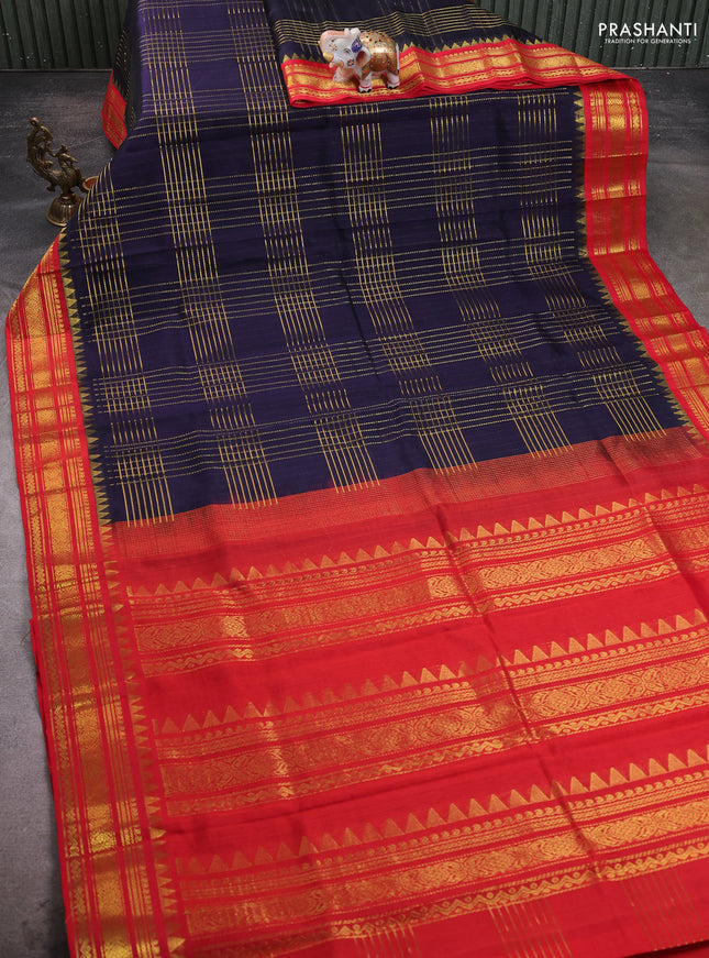 Silk cotton saree blue and red with allover zari checked pattern and temple design zari woven border