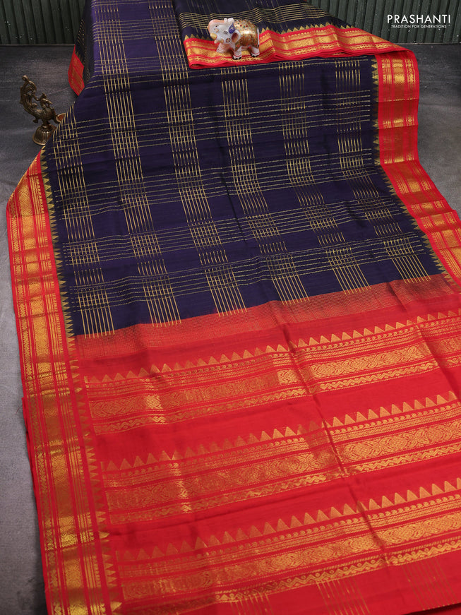 Silk cotton saree blue and red with allover zari checked pattern and temple design zari woven border