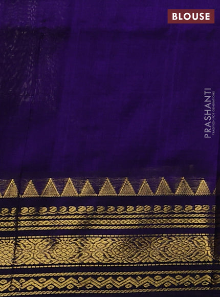 Silk cotton saree grey and blue with allover zari checked pattern and temple design zari woven border