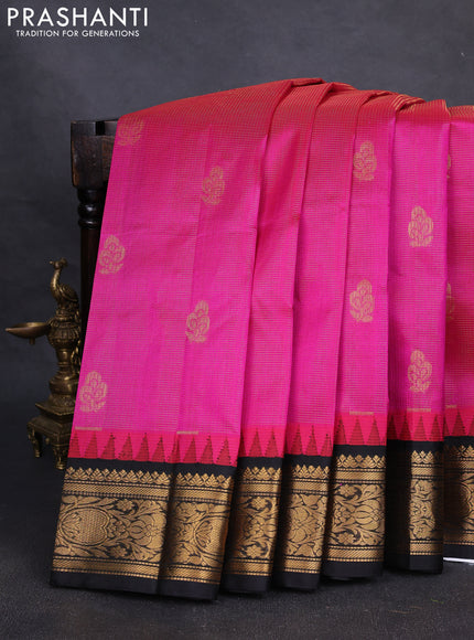 Kuppadam silk cotton saree pink and black with allover vairaosi pattern & zari buttas and zari woven korvai border