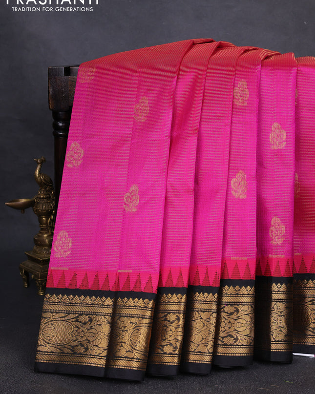 Kuppadam silk cotton saree pink and black with allover vairaosi pattern & zari buttas and zari woven korvai border